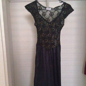Vintage Cine Star Black Floral Lace Maxi Slip Dress Size Small